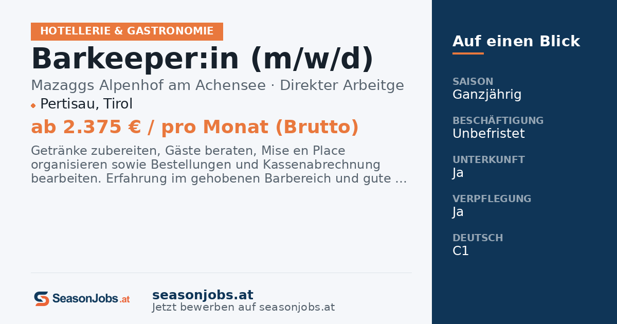 Barkeeper:in (m/w/d) — Pertisau, Tirol