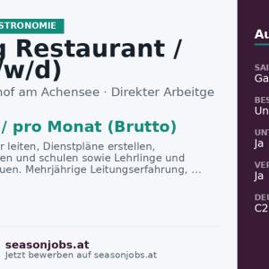 Leitung Restaurant / Bar (m/w/d) — Pertisau, Tirol