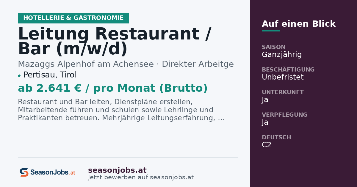 Leitung Restaurant / Bar (m/w/d) — Pertisau, Tirol