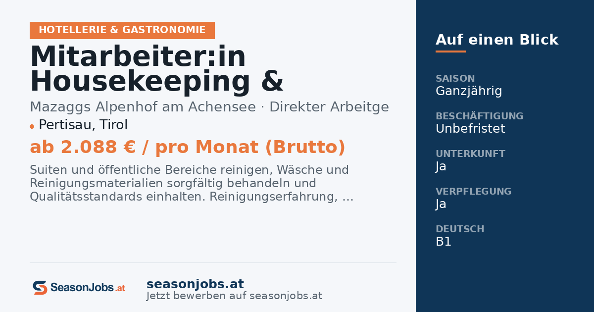 Mitarbeiter:in Housekeeping & Wäscherei (m/w/d) — Pertisau, Tirol