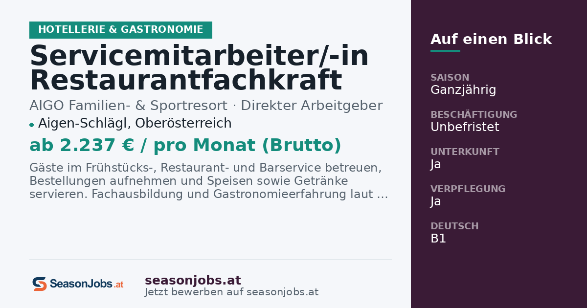 Servicemitarbeiter/-in Restaurantfachkraft (m/w/d) — Aigen-Schlägl, Oberösterreich