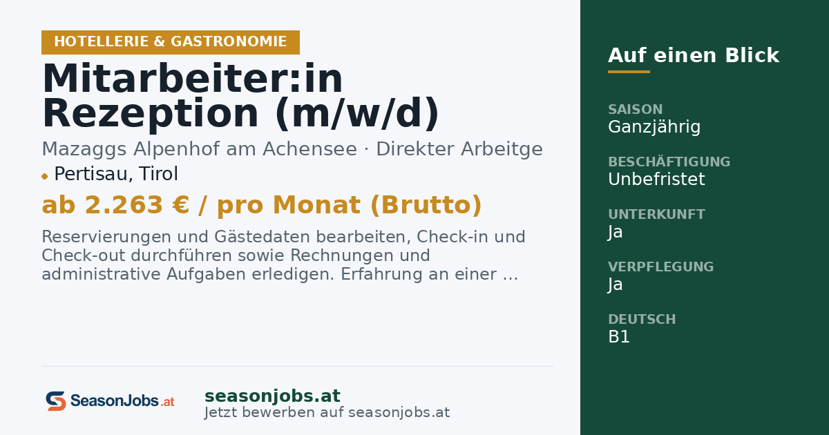 Mitarbeiter:in Rezeption (m/w/d) — Pertisau, Tirol