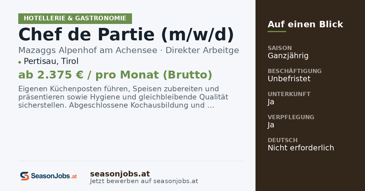 Chef de Partie (m/w/d) — Pertisau, Tirol