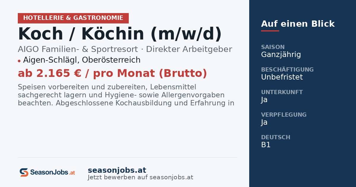 Koch / Köchin (m/w/d) — Aigen-Schlägl, Oberösterreich