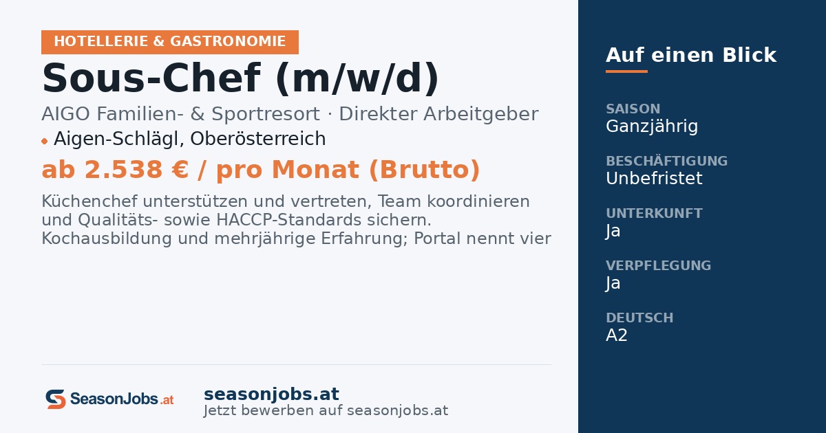 Sous-Chef (m/w/d) — Aigen-Schlägl, Oberösterreich