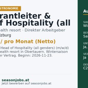 Restaurantleiter & Head of Hospitality (all genders) (m/w/d) — Obertauern, Salzburg