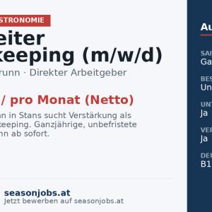 Mitarbeiter Housekeeping (m/w/d) — Stans, Tirol