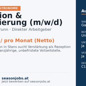 Rezeption & Reservierung (m/w/d) — Stans, Tirol