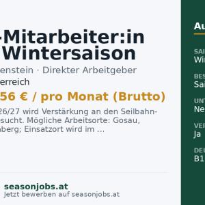 Saison-Mitarbeiter:in für die Wintersaison 2026/27 (m/w/d) — Gosau, Oberösterreich