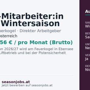 Saison-Mitarbeiter:in für die Wintersaison 2026/27 (m/w/d) — Ebensee, Oberösterreich