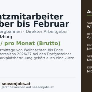 Parkplatzmitarbeiter Dezember bis Februar 2026/27 (m/w/d) — Dorfgastein, Salzburg
