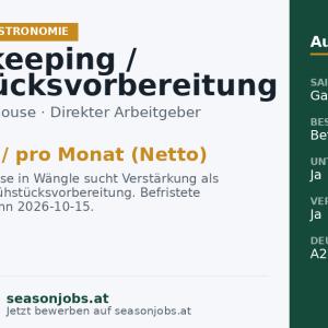Housekeeping / Frühstücksvorbereitung (m/w/d) — Wängle, Tirol