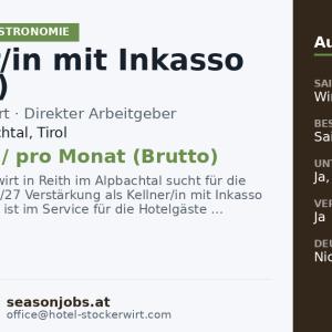 Kellner/in mit Inkasso (m/w/d) — Reith im Alpbachtal, Tirol