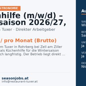 Küchenhilfe (m/w/d) – Wintersaison 2026/27, gerne auch langfristig — Rohrberg, Tirol