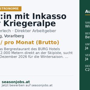Kellner:in mit Inkasso auf der Kriegeralpe (m/w/d) — Lech am Arlberg, Vorarlberg