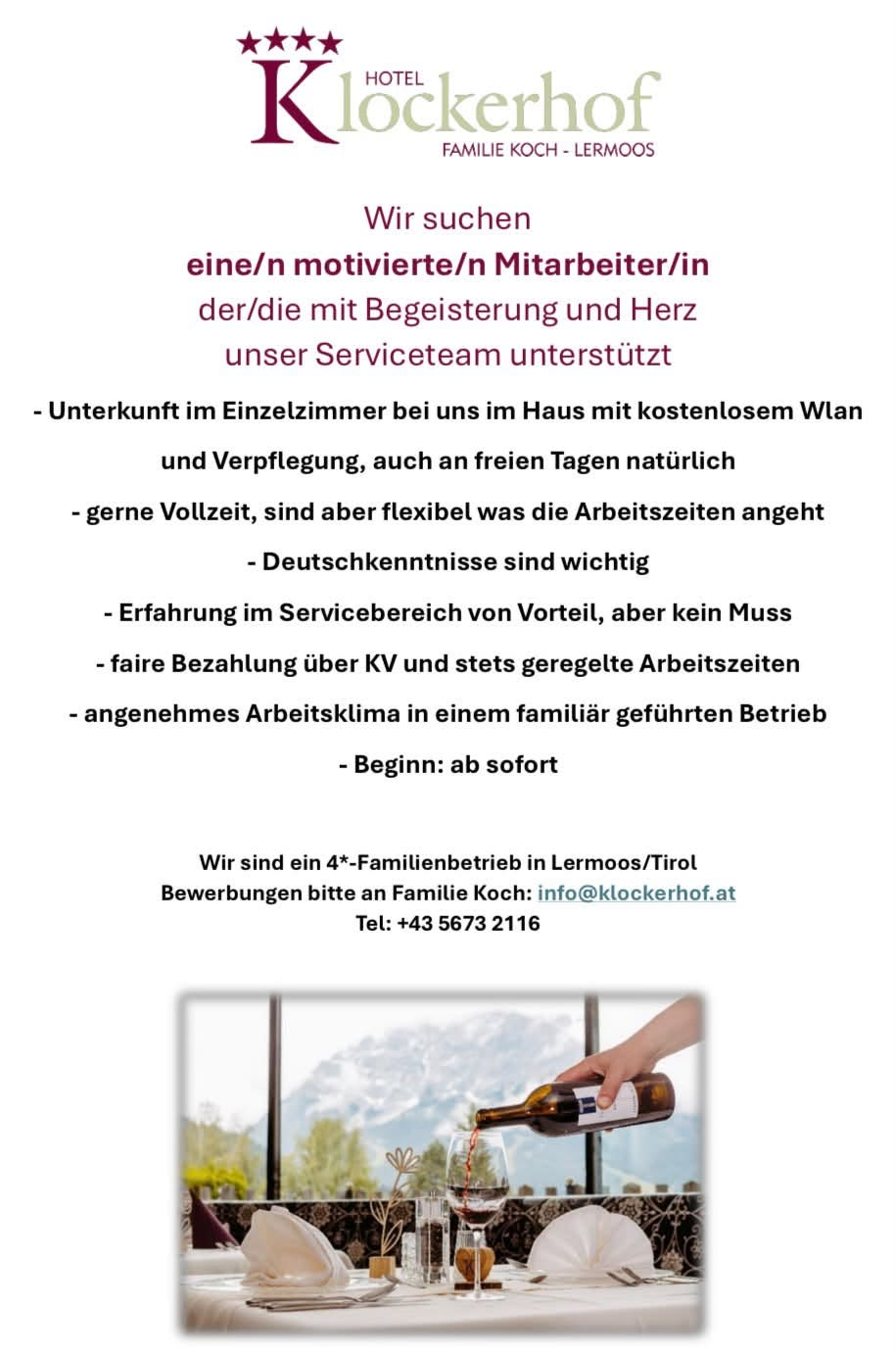 Mitarbeiter/in Service — Lermoos, Tirol
