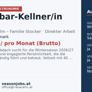 Schirmbar-Kellner/in mit Eigenverantwortung (m/w/d) – Wintersaison 2026/27 — Obdach, Steiermark