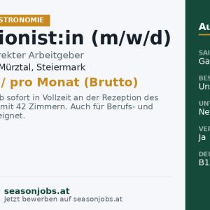 Rezeptionist:in (m/w/d) — St. Barbara im Mürztal, Steiermark