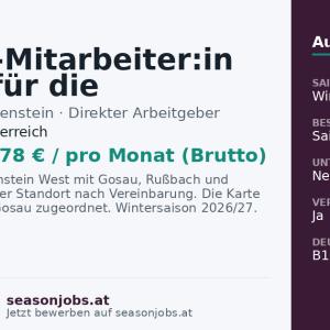 Saison-Mitarbeiter:in Kassa für die Wintersaison 2026/27 (m/w/d) — Gosau, Oberösterreich
