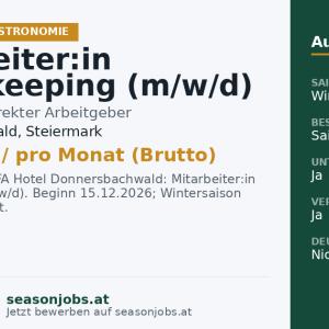 Mitarbeiter:in Housekeeping (m/w/d) — Donnersbachwald, Steiermark
