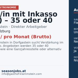 Kellner/in mit Inkasso (m/w/d) – 35 oder 40 Stunden — Dorfgastein, Salzburg