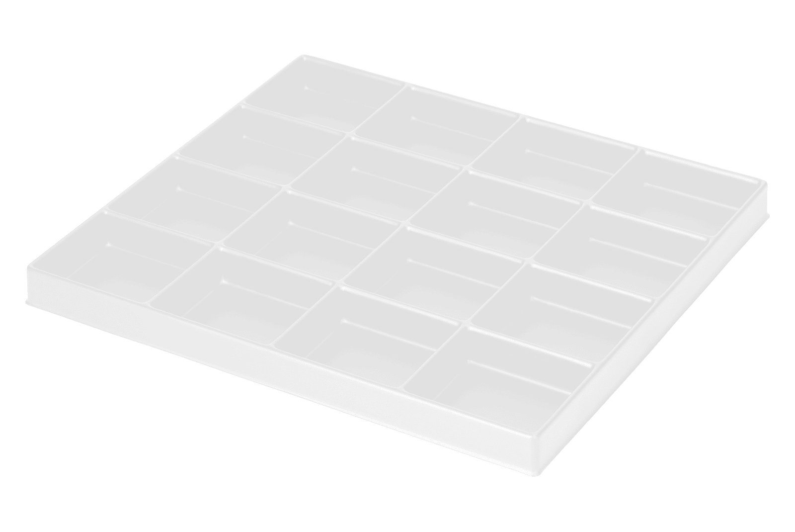 Tiefzieheinlage weiß, 16 viereckige Nester, PS_Frontalansicht