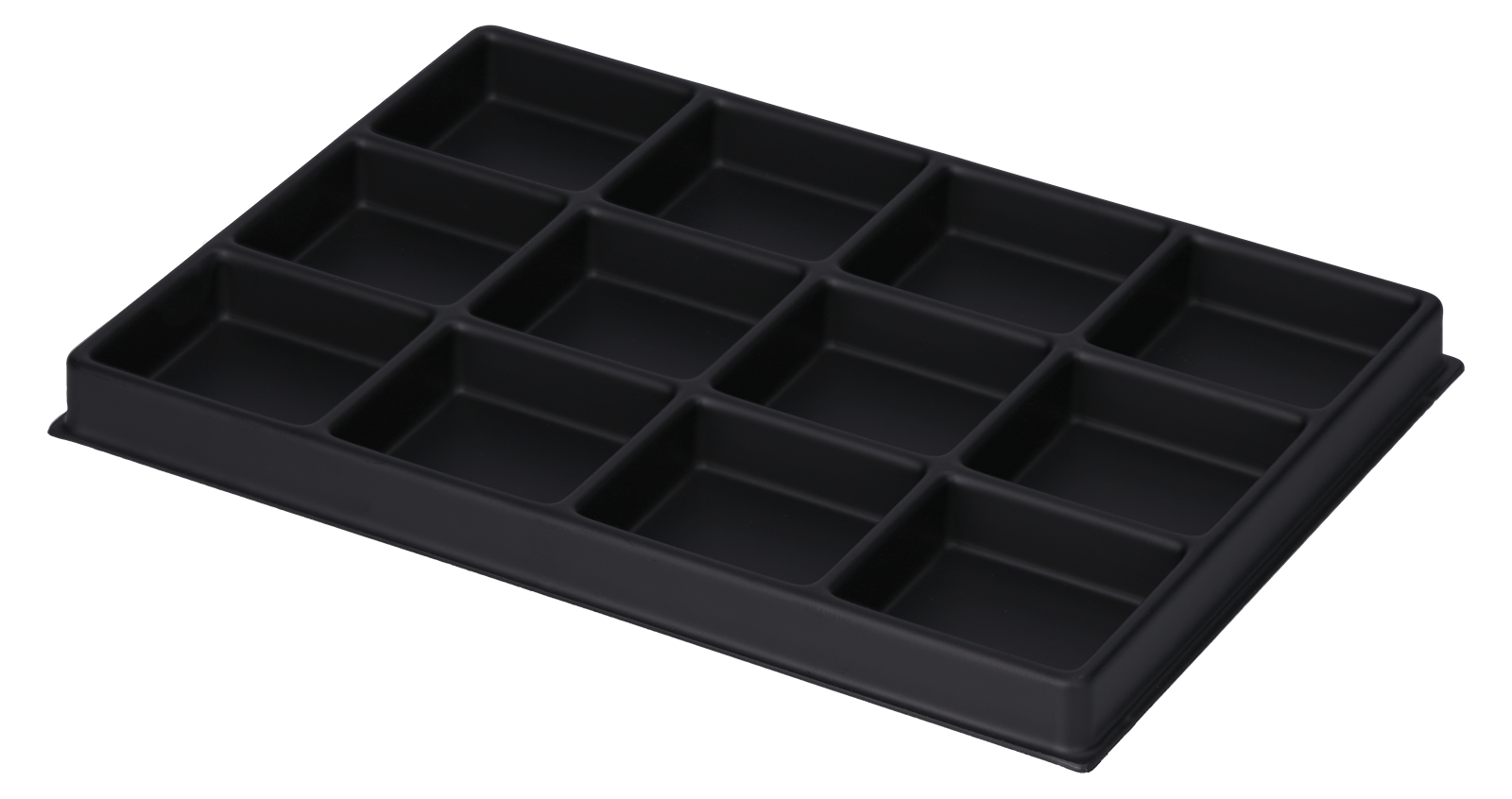 ESD-Tiefzieheinlage schwarz, 12 rechteckige Kavitäten, PS frontal