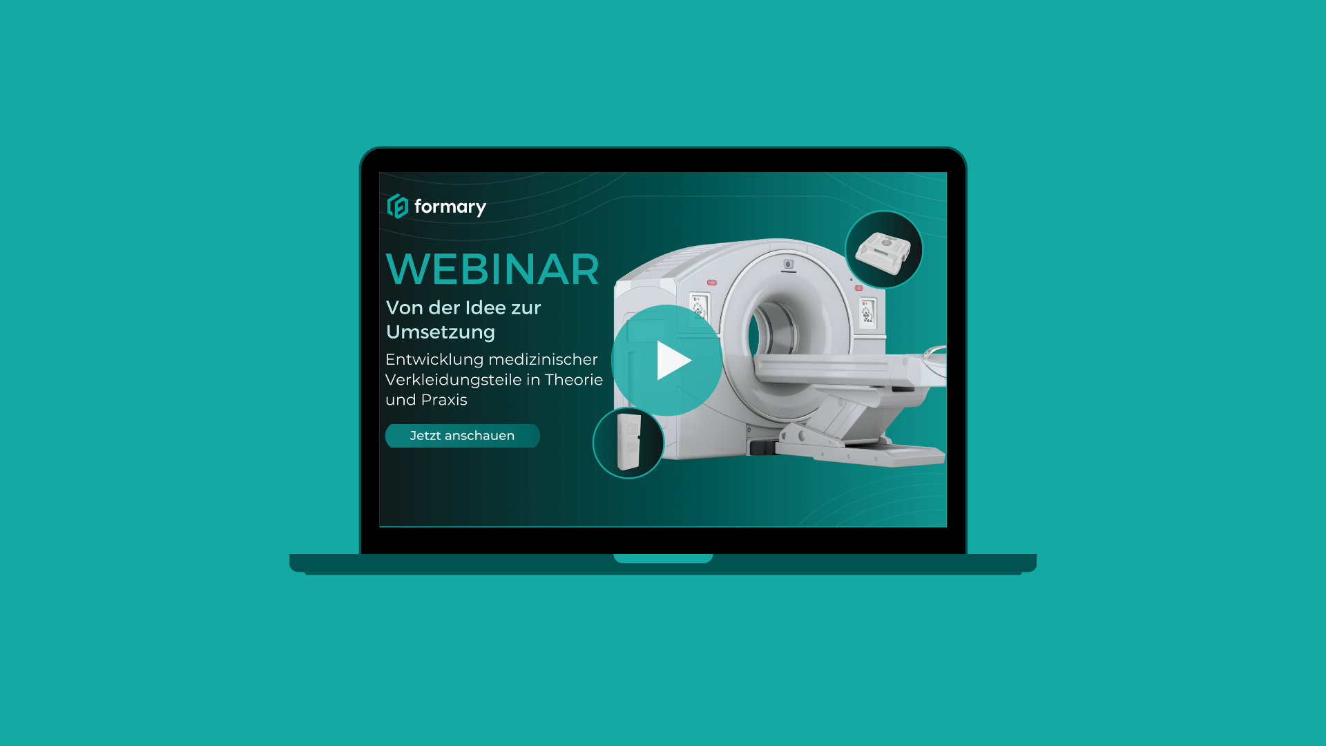 Laptop Mockup mit türkisem Hintergrund_Webinar Medizinische Verkleidungsteile in Theorie und Praxis