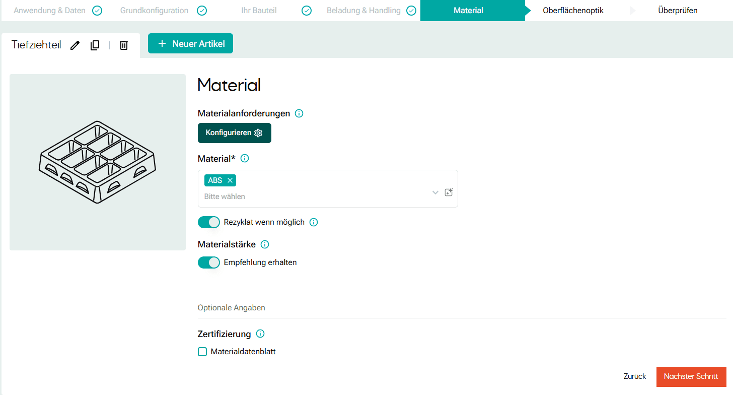 Konfigurator-Ansicht für Materialienselektion
