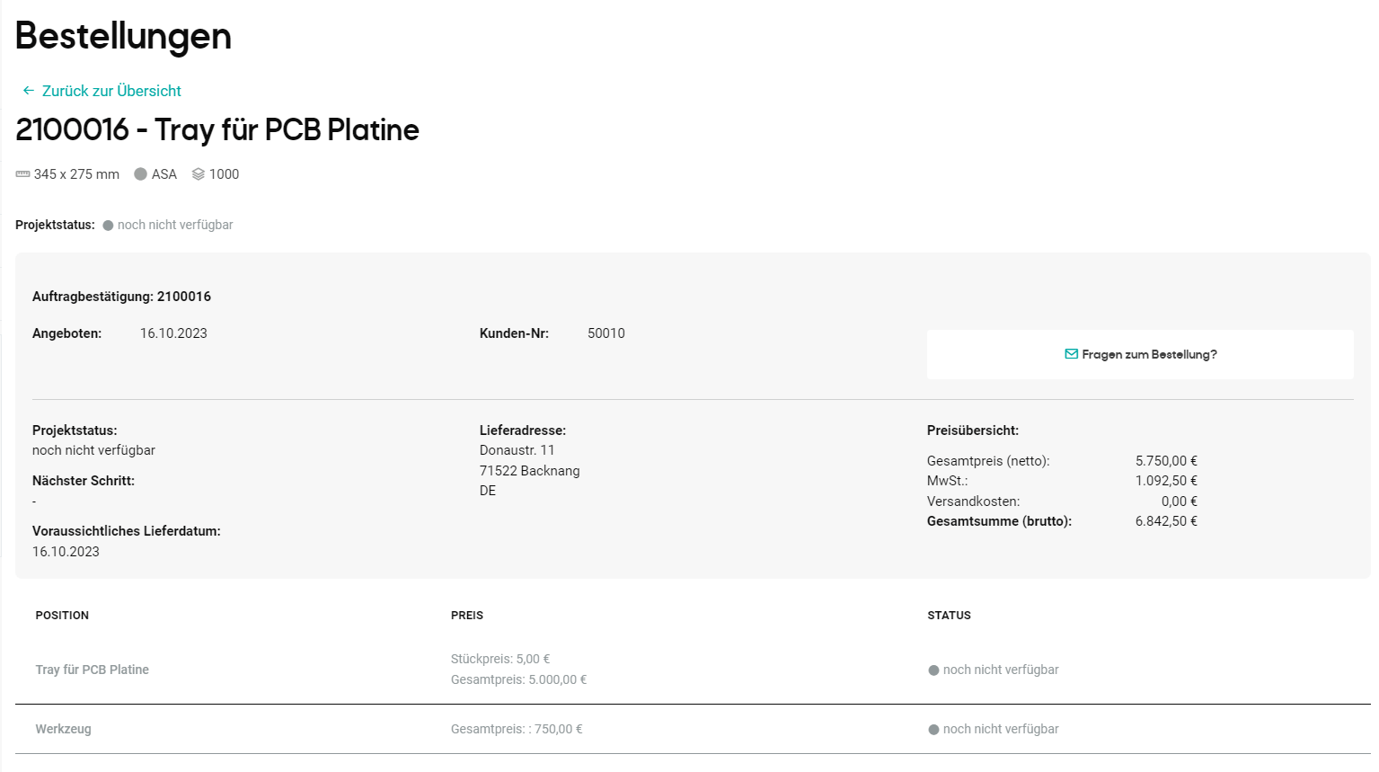 Screenshot der Bestellansicht im Kundenportal
