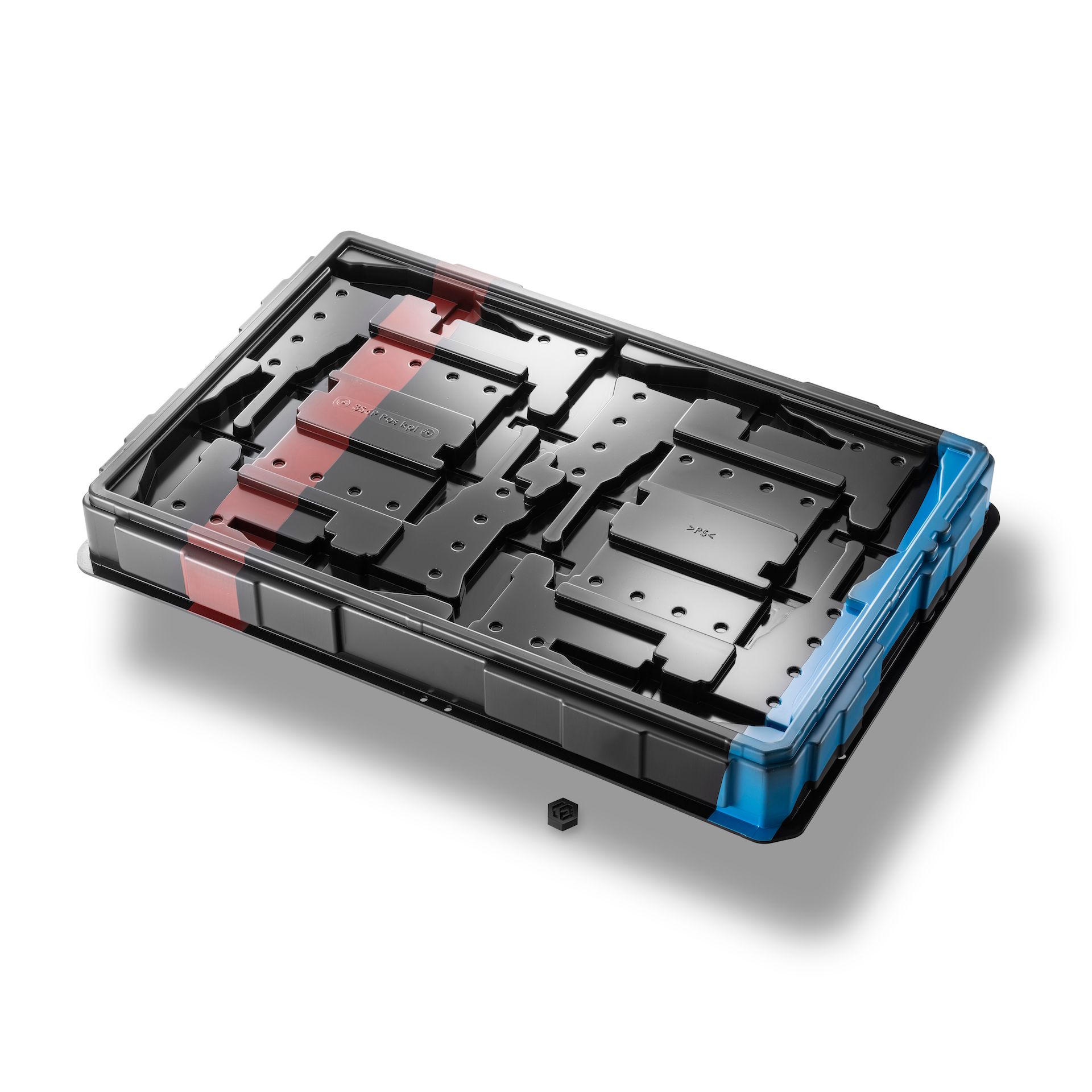 Tiefziehtray mit RAL-Farbtönen in blau und schwarz