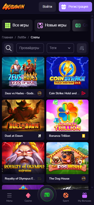 Раздел слотов Akibawin на мобильном — Zeus vs Hades, Bonanza Trillion, Coin Strike и The Dog House