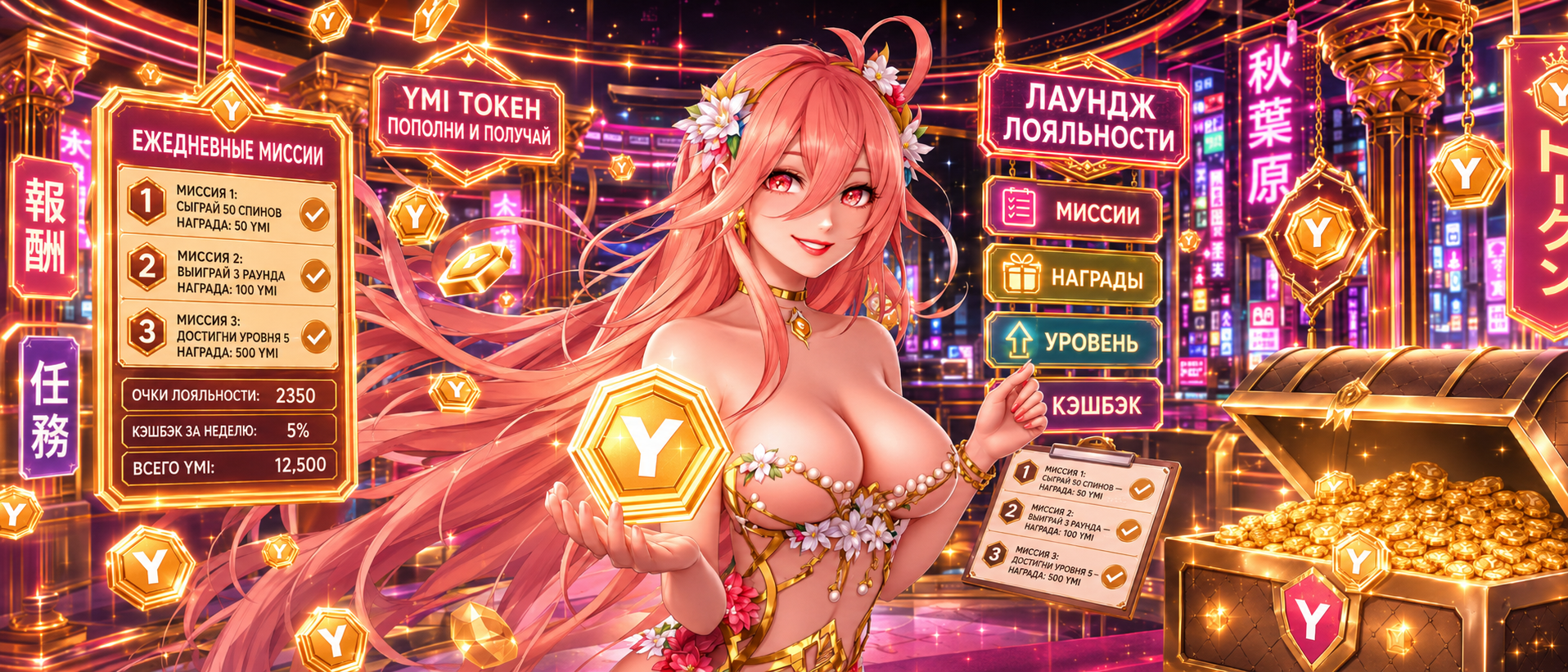 Русскоязычный баннер YMI Token Akibawin — ежедневные миссии, лаундж лояльности, уровень и кэшбэк