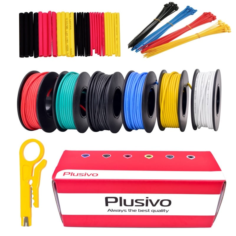 Plusivo 20AWG Hook up Wire Kit – 600V Pre-Tinned Stranded Silicon Wire of 6 Colors x 7M