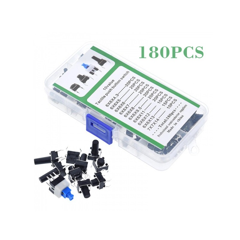 180Pcs. Micro Tactile Push Button Switch Kit (10 Shaft Size)