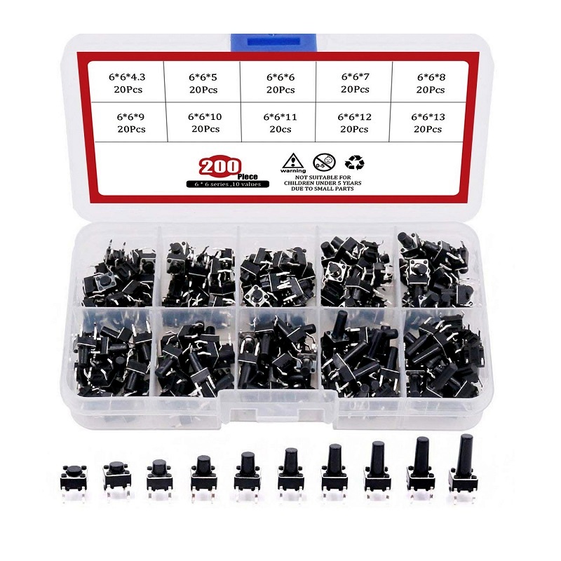 200PCS 6mm Light Push Button Switch Kit (10 Shaft size)