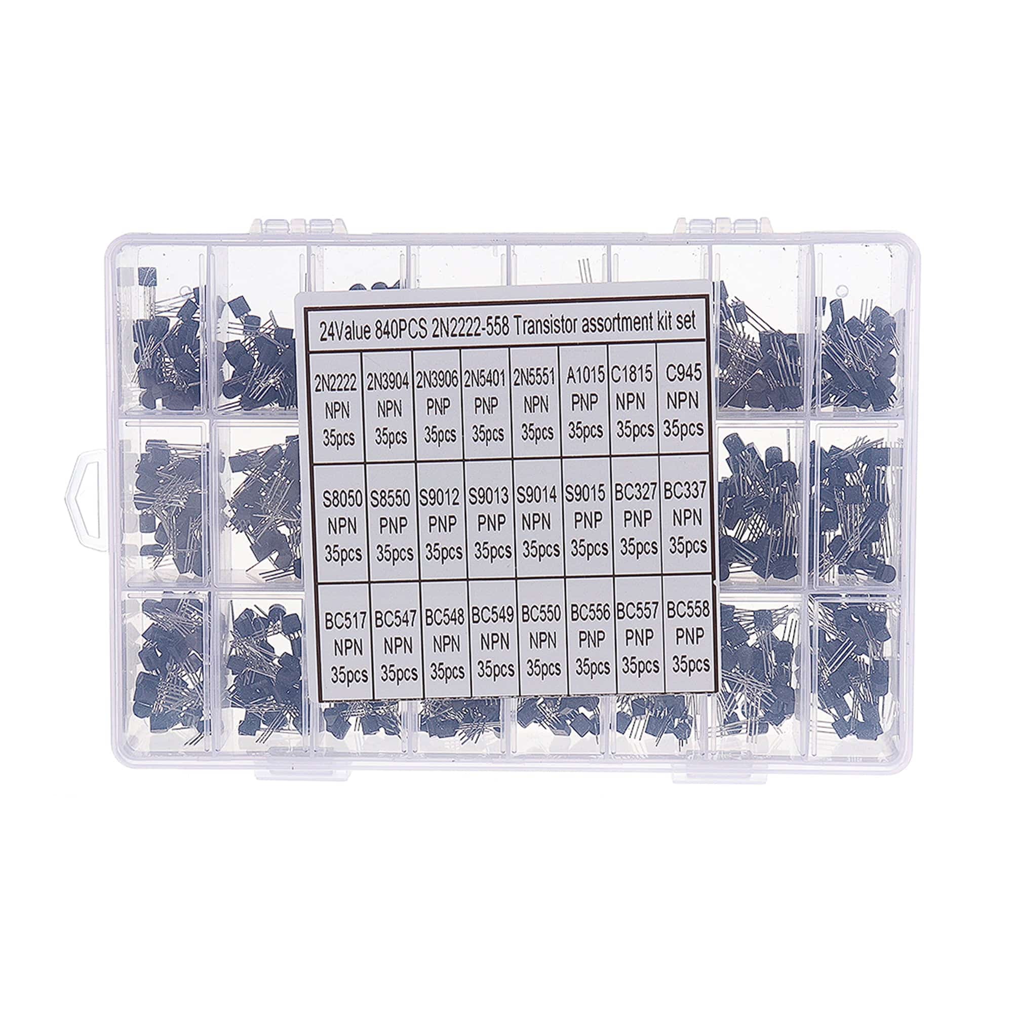 Assorted Transistor Kit 840pcs 24Values TO-92 Transistor Assortment Kit BC327 BC337 BC547 transistor 2N2222 3904 3906 C945 PNP/NPN Transistors