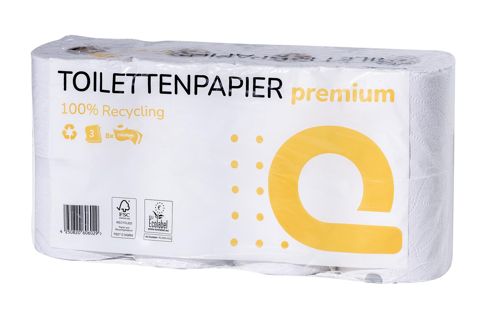 Toilettenpapier Kleinrolle, 3-lagig, 250 Blatt, Recycling