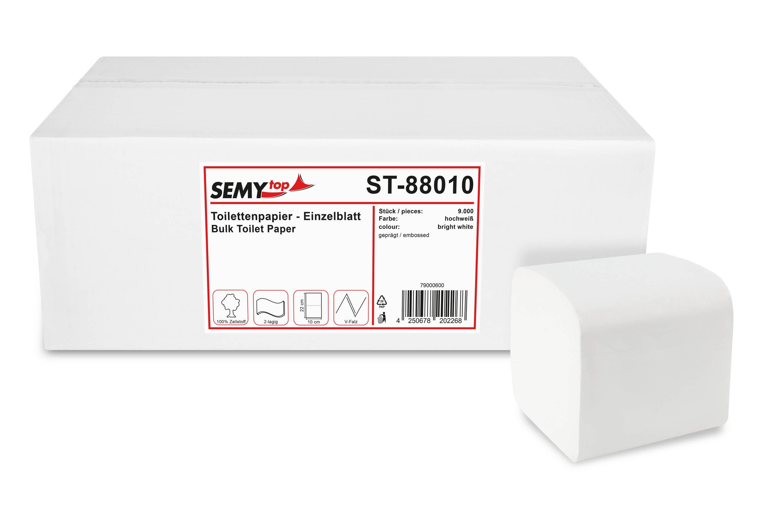 SEMYtop Toilettenpapier Einzelblatt, 10 x 21 cm, 2-lagig Zellstoff weiß, 9.000 Stück