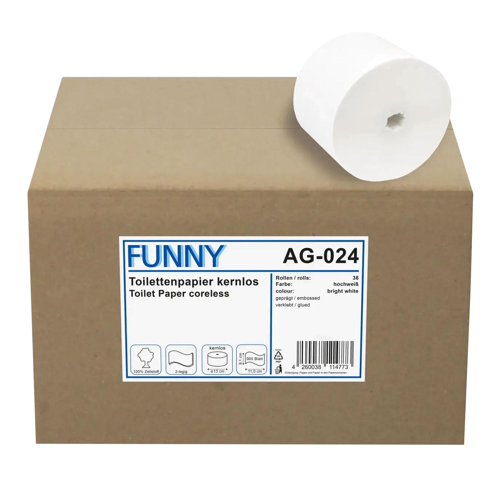 FUNNY Toilettenpapier kernlos, 2-lagig, 900 Blatt Zellstoff weiß, Ø 13 cm, 36 Rollen
