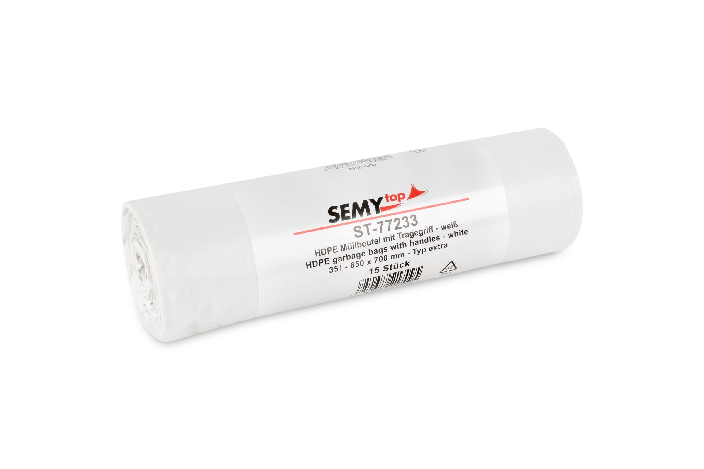 SEMYtop HDPE Müllbeutel, extra, mit Tragegriff, weiß, 35 l, 650 x 700 mm