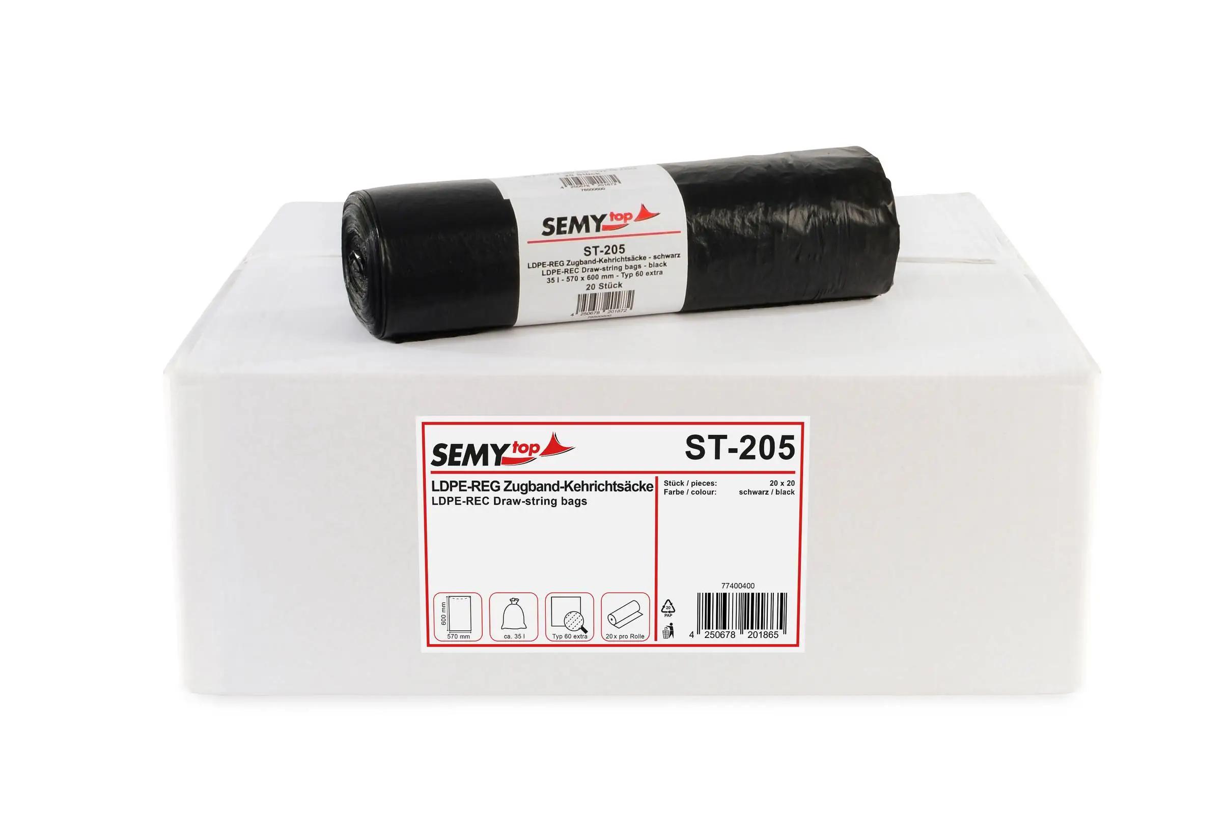 SEMYtop LDPE-Reg. Zugband-Kehrichtsäcke, schwarz, Typ 60extra, 35 l, 570x600 mm