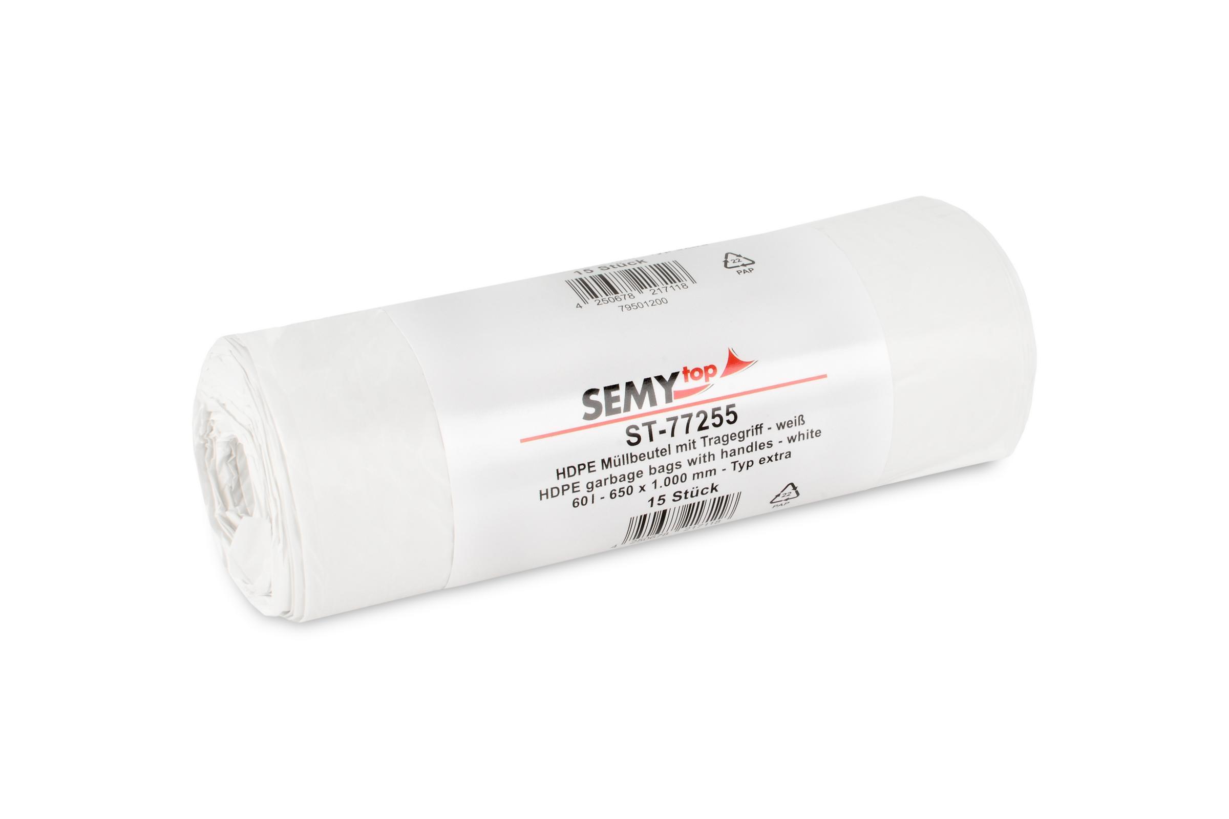 SEMYtop HDPE Müllbeutel, extra, mit Tragegriff, weiß, 60 l 650 x 1.000 mm