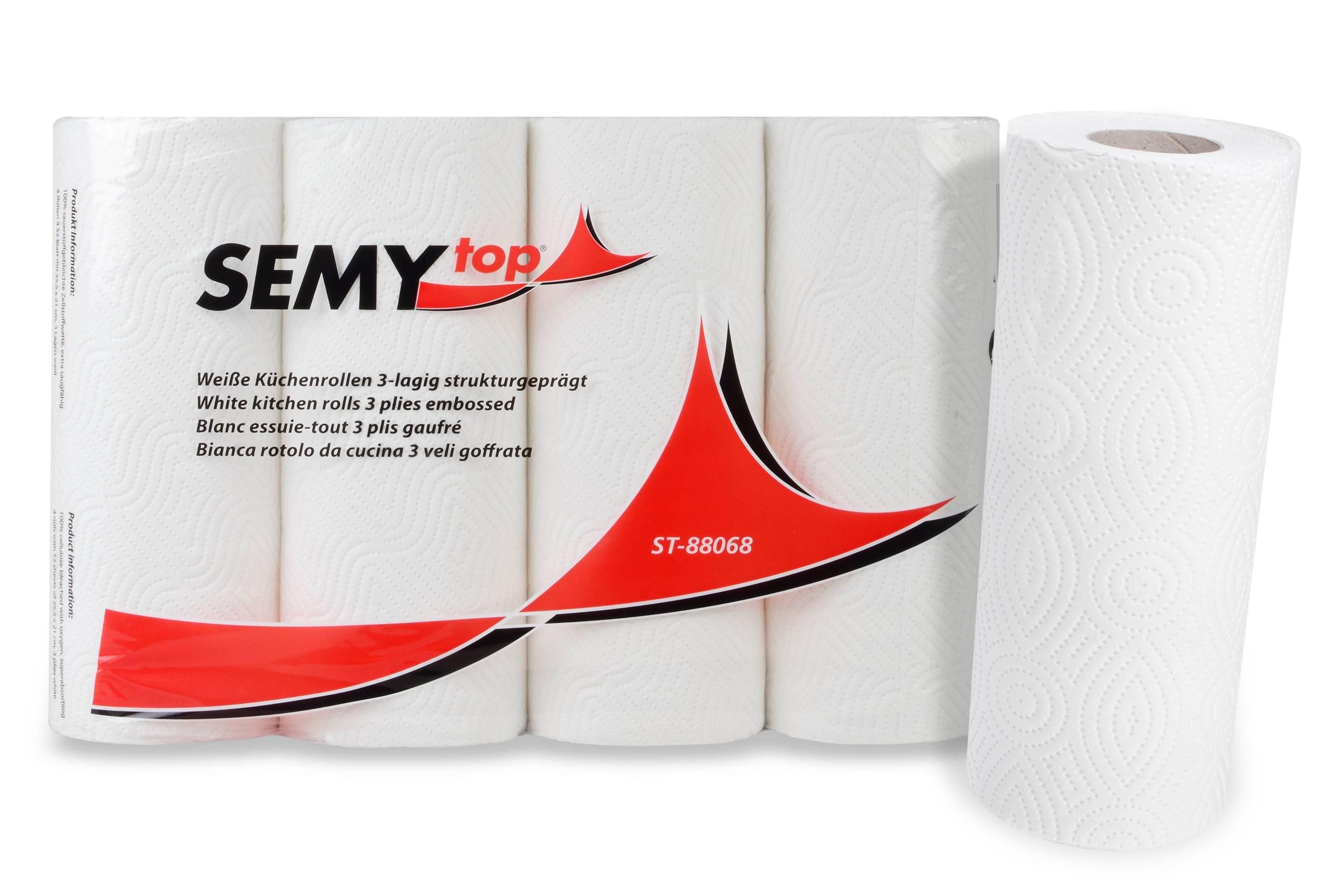 SEMYtop Küchenrolle 3-lagig, 52 Blatt Zellstoff weiß, 12 x 4 Rollen