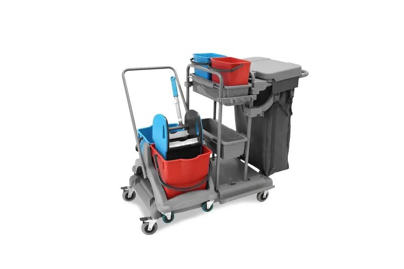 SEMYtop Reinigungswagen 2x5l mit Doppelfahrwagen 2x18l Eimer Mopp-Presse, Mopp-Halterung, Utensilbehälter und 100l Leinentasche