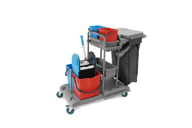 SEMYtop Reinigungswagen mit 2 x 5 l und 2 x 18 l Eimer Moppresse,Mophalterung+Ablage,Utensilbehälter, 100l Leinentasche