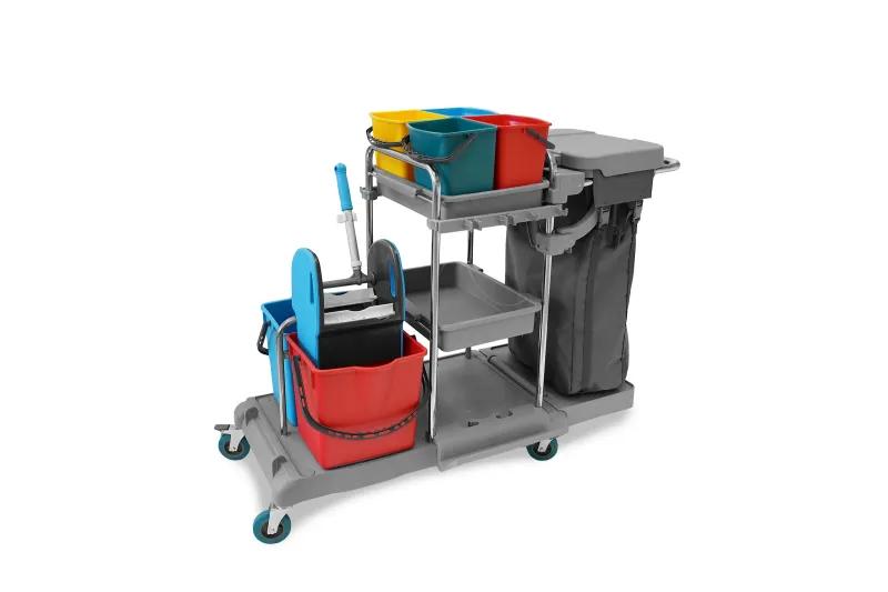 SEMYtop Reinigungswagen mit 4 x 5 l und 2 x 18 l Eimer Moppresse, Mophalter+Ablage, Utensilbehälter, 100l Leinentasche