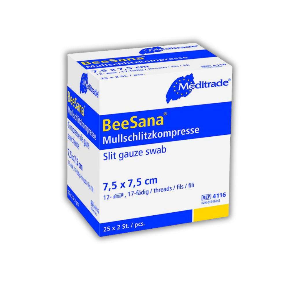 BeeSana® Mullschlitzkompresse steril, 12-fach, 7,5 x 7,5 cm  (25x2 Stück)