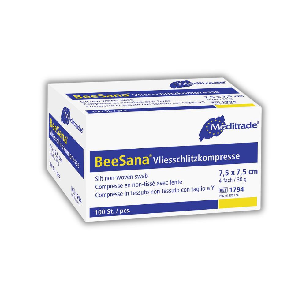 BeeSana® Vliesschlitzkompresse unsteril, 4-fach, 30 g, 7,5 x 7,5 cm