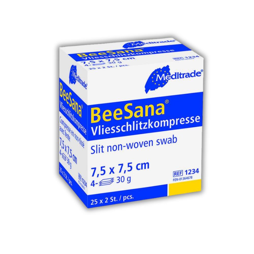 BeeSana® Vliesschlitzkompresse steril, 4-fach, 30 g, 7,5 x 7,5 cm (25x2 Stück)